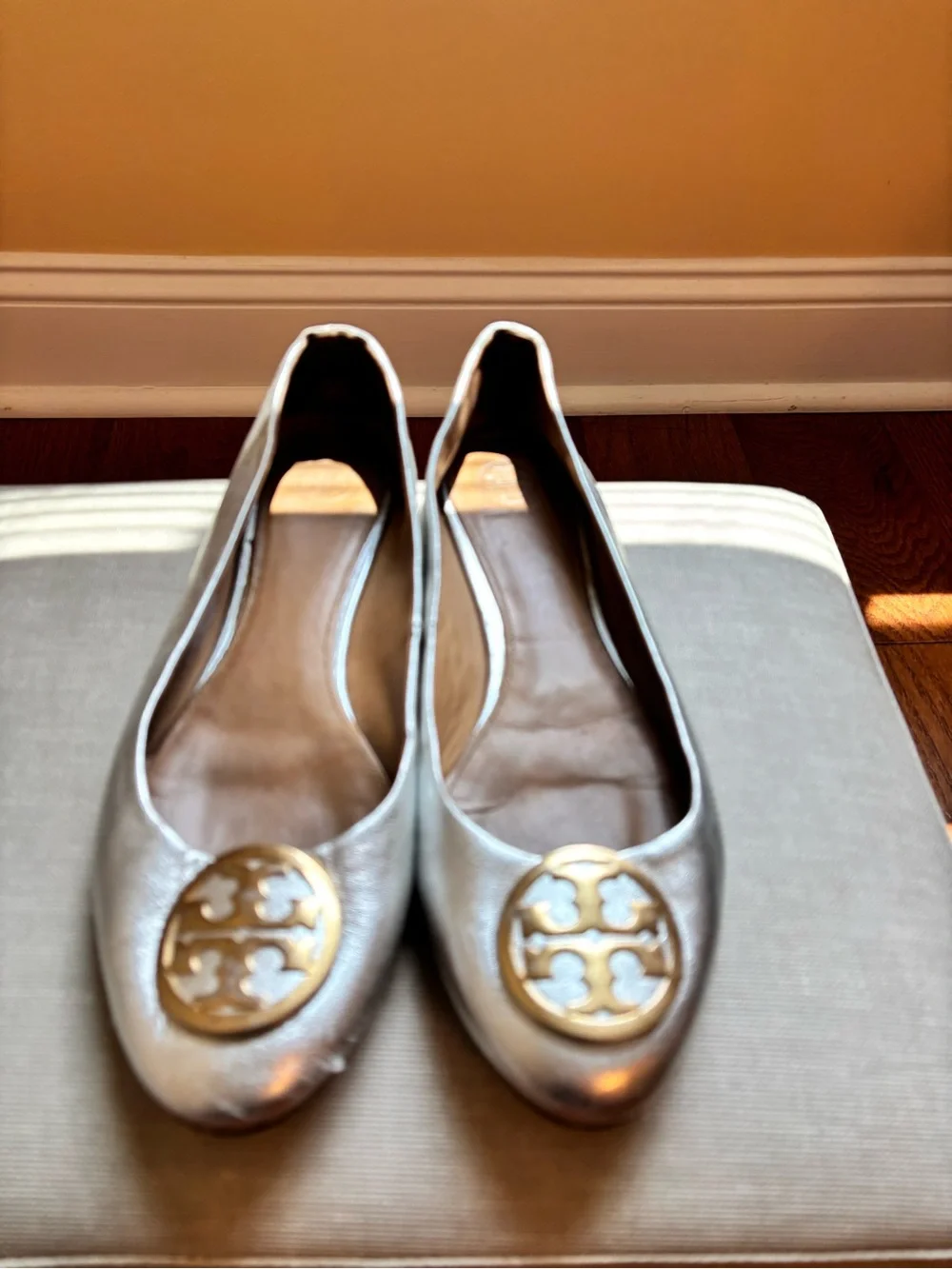 Tory Burch Silver Leather Logo Ballet Flats